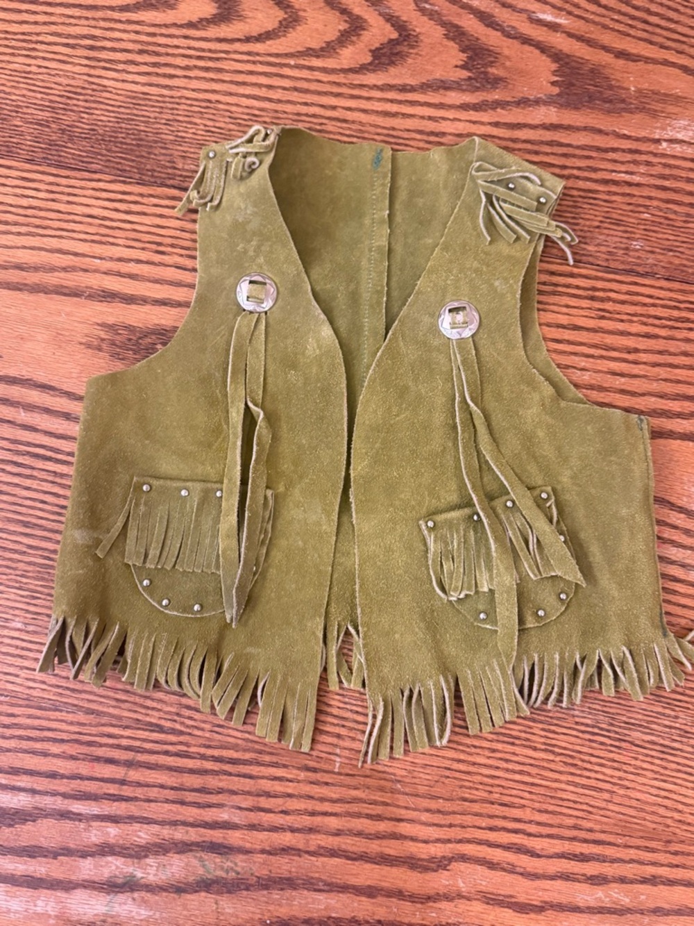 VTG Kids Fringed Olive Suede Vest Western Vintage Size 4 (K3)